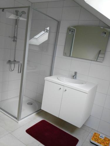 弗尔内Guesthouse SiSa的白色的浴室设有水槽和淋浴。