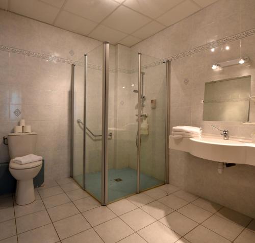 索伊茨Hôtel et appartements les platanes的带淋浴、卫生间和盥洗盆的浴室