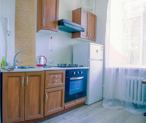 尼古拉耶夫Apartments on Sobornaya Street near the waterfront的厨房配有炉灶和冰箱。