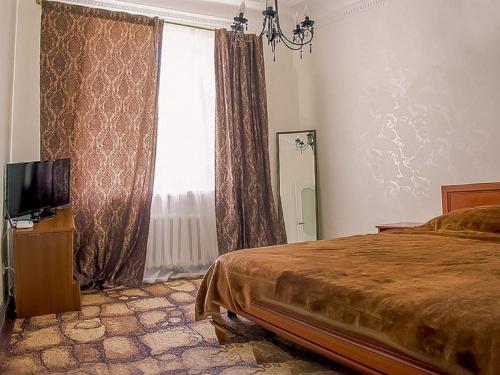 尼古拉耶夫Apartments on Sobornaya Street near the waterfront的一间卧室设有一张床、一台电视和一个窗口。