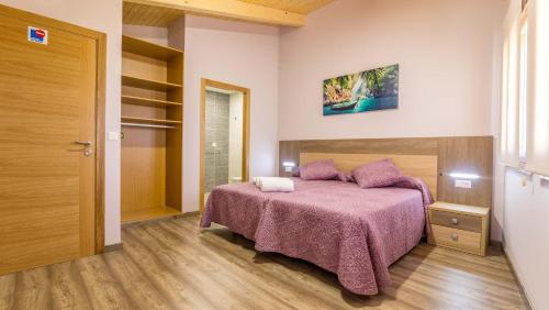 梅利德Pensión Pereiro的一间卧室配有一张带紫色毯子的床