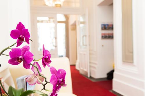 维也纳Self Check-in Hotel Odeon的房间里的一束紫色花在植物上
