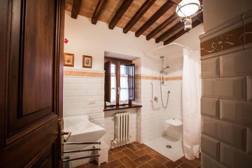 MercatelloTorre Piantarosa的带淋浴、卫生间和盥洗盆的浴室