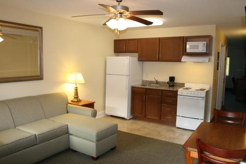 奥古斯塔Affordable Suites of America Augusta的带沙发的客厅和厨房
