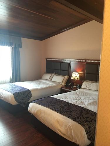 New Minas格林斯博罗酒店的酒店客房设有两张床和窗户。