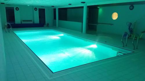 穆斯拉尔盖德Le Roi du Sundgau près de la Horse - Mooslargue的客房内的大型游泳池拥有蓝色的灯光