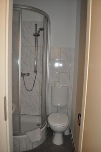 德累斯顿德累斯顿单人禁烟酒店的浴室配有白色卫生间和淋浴。