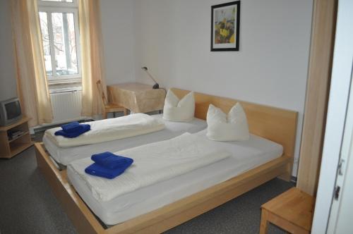 德累斯顿德累斯顿单人禁烟酒店的一间卧室配有两张带蓝色枕头的床。