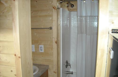 Harden Flat优胜美地湖区49号小屋度假酒店的带淋浴和盥洗盆的浴室