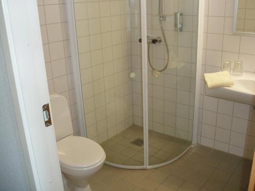 诺德堡诺德堡酒店的带淋浴、卫生间和盥洗盆的浴室