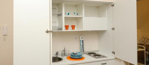 格拉维纳普利亚Il Piccolo Principe B&B的厨房配有白色橱柜和水槽