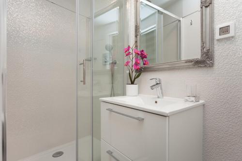 罗维尼皇家公寓的白色的浴室设有水槽和淋浴。
