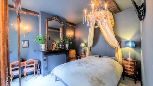 蒙斯Mons Dragon House的一间卧室配有一张床、镜子和吊灯