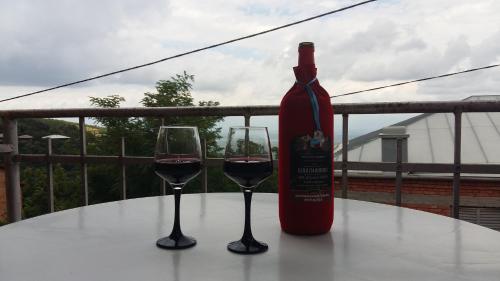 西格纳吉格鲁吉亚兹明达旅馆的桌子上放有一瓶葡萄酒和两杯酒