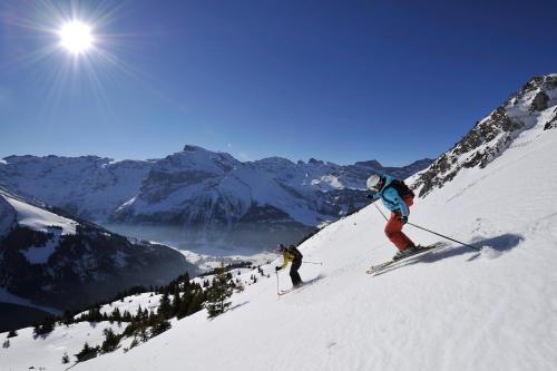 英格堡丽斯蒂斯旅舍的两个人在雪覆盖的山里滑雪