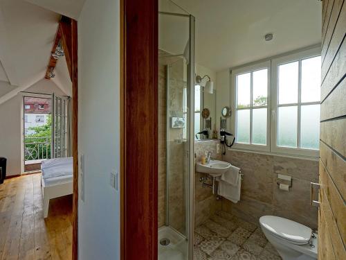 弗莱堡天堂乐园餐厅旅馆的带淋浴、卫生间和盥洗盆的浴室