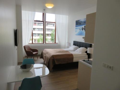 雷克雅未克Iceland Comfort Apartments by Heimaleiga的酒店客房设有床和窗户。