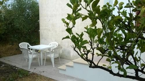 托雷苏达Villa Loredana的树旁的白色桌子和椅子