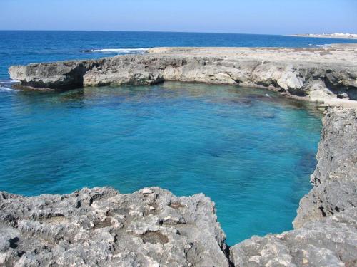 托雷苏达Villa Loredana的岩石海滩上的一个蓝色的大泳池