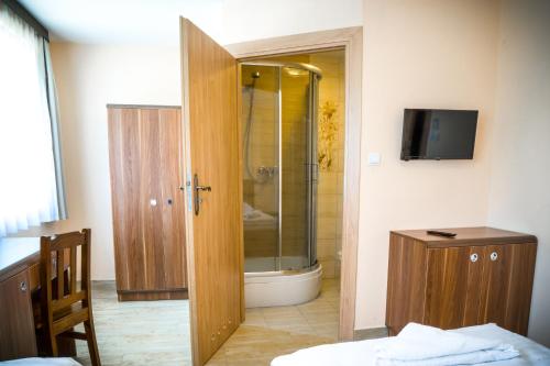 希维托赫洛维采Kompleks Hotelarski Zgoda的带淋浴的浴室和玻璃门