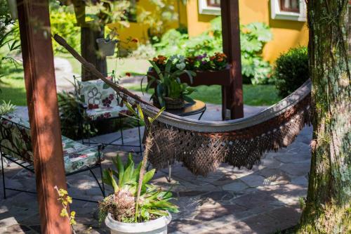 卡内拉Hotel Pousada do Bosque的花园里的吊床,种有盆栽植物