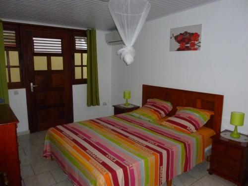 Le Saint-EspritAppartements Allée des Ixoras的一间卧室配有一张带彩色条纹床罩的床