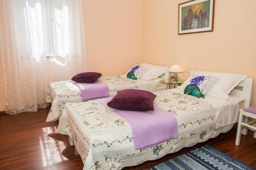 希贝尼克植物园度假屋的客房内的两张床,配有紫色枕头