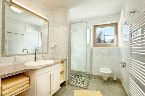 平茨高谷地霍勒尔斯巴赫Appartements Luegeck的一间带水槽、淋浴和卫生间的浴室