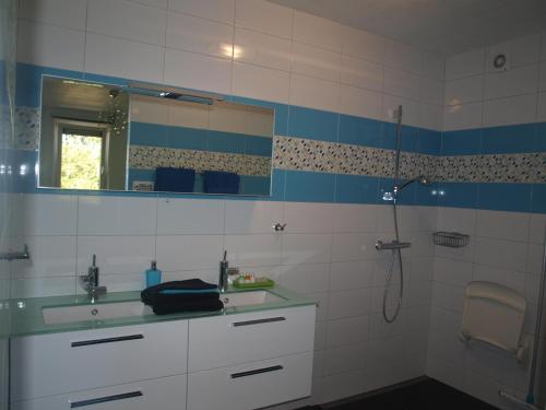 栋堡B&B De Domburcht的浴室配有盥洗盆和带镜子的淋浴