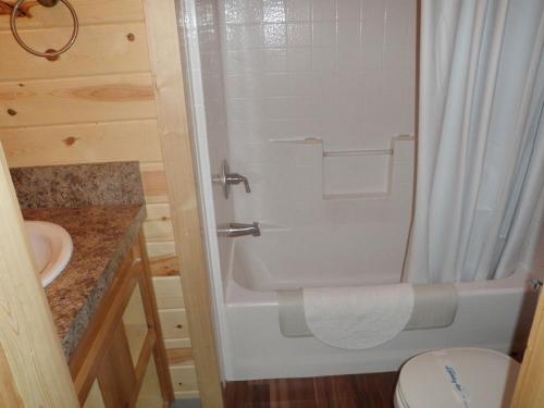 西塞德Seaside Camping Resort Cottage 11的带淋浴、卫生间和盥洗盆的浴室