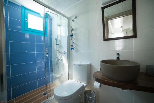斯塔里斯Villa Stella Apartments by Estia的一间带水槽、卫生间和淋浴的浴室