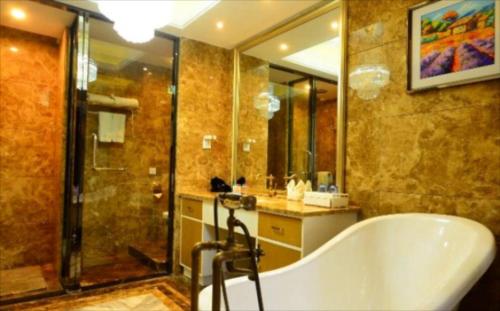 徐州麗枫酒店徐州金鹰购物中心店的设有带浴缸和淋浴的浴室。