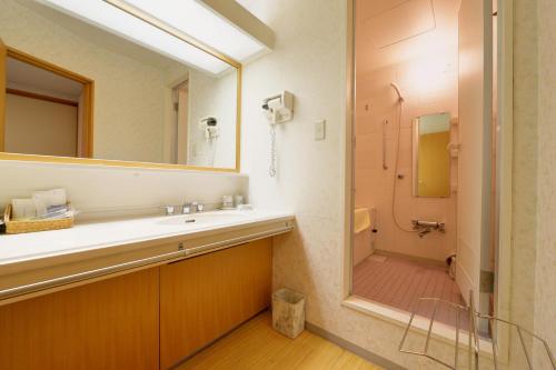 小谷村白马阿尔卑斯山酒店 的一间带水槽、镜子和淋浴的浴室