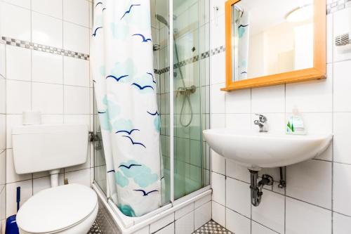 科隆Köln Höhenberg的浴室配有卫生间、盥洗盆和淋浴。