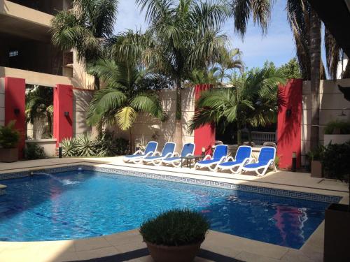 戈亚戈雅康达赌场酒店的一个带蓝色椅子的游泳池,棕榈树