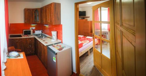 PüspökladányAQUA索特阿比亚温泉公寓的带冰箱的小厨房和卧室