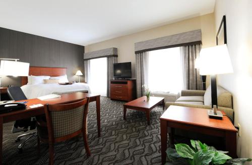 克雷格Hampton Inn & Suites Craig, CO的酒店客房配有1张床、1张书桌、1张床和1张沙发。