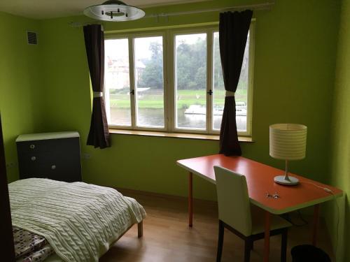 德辛City Apartment Děčín的一间卧室配有书桌、床和窗户。