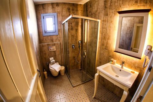 切什梅范缇别墅的带淋浴、盥洗盆和卫生间的浴室
