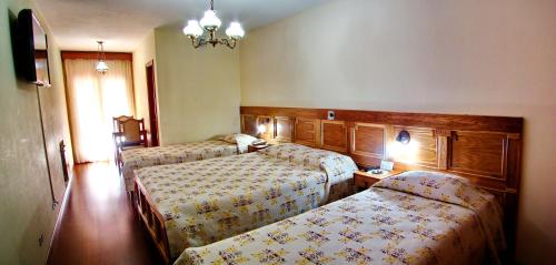 坎波斯杜若尔当Hotel Sagres的酒店客房设有两张床和吊灯。