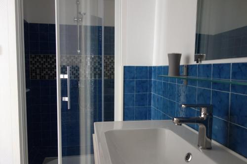 La RicheLa Garzette的浴室设有浴缸和蓝色瓷砖淋浴。