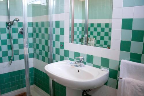 韦特拉拉艾尔伯格达本尼德塔酒店的绿色和白色的浴室设有水槽和淋浴