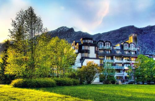 巴特莱辛哈尔巴伐利亚琥珀酒店的一座大建筑,背景是群山