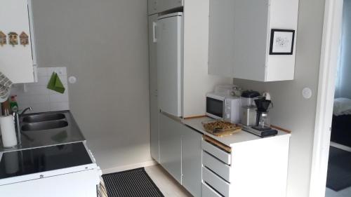 库奥皮奥Apartment Vuorikatu 35的小厨房配有白色橱柜和微波炉