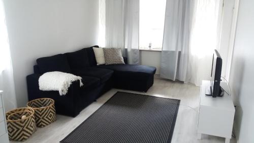 库奥皮奥Apartment Vuorikatu 35的客厅配有黑色沙发和电视