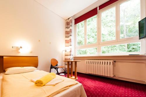瓦伦Seminarhaus Europäische Akademie的一间卧室设有一张床和一个大窗户