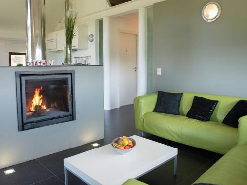 马尔梅迪Luxury Apartment in Malmedy with bubble bath的客厅设有绿色沙发和壁炉