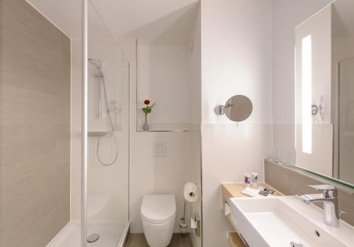 爱尔福特美居厄福特旧城酒店的浴室配有卫生间、盥洗盆和淋浴。