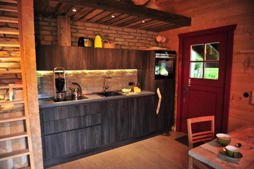 布劳恩拉格Blockhaus Bodefall的小屋内的厨房配有水槽和桌子