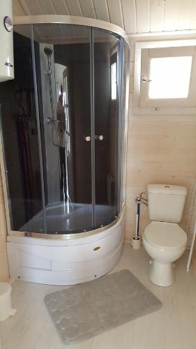 尤斯托尼莫斯基Komodor - OZONOWANE domki的带淋浴和卫生间的小浴室